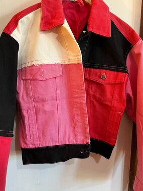 Cute Mistake Pink Red Denim Jacket with Colorblock Detail